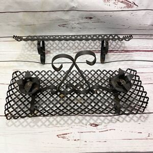 Mid Century Black Perforated Metal Shelf and Matching Candlestand